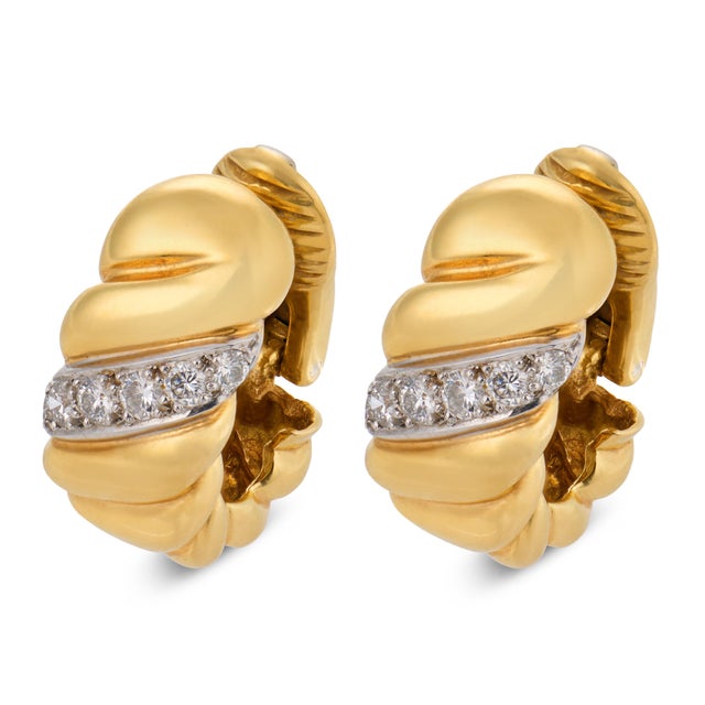 Contemporary Vintage Diamond 18k Yellow Gold and Platinum Hoop Ear Clips, Pair For Sale - Image 3 of 5