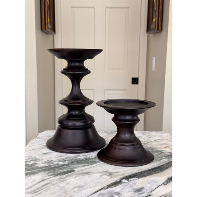 Wood Vintage Pottery Barn Turned Wood Pillar Candle Holders - A Pair For Sale - Image 7 of 11