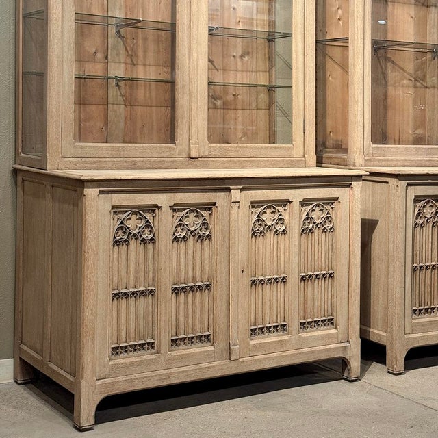 Wood Pair of Monumental Stripped Gothic Revival Solid Oak Display Bookcases For Sale - Image 7 of 18