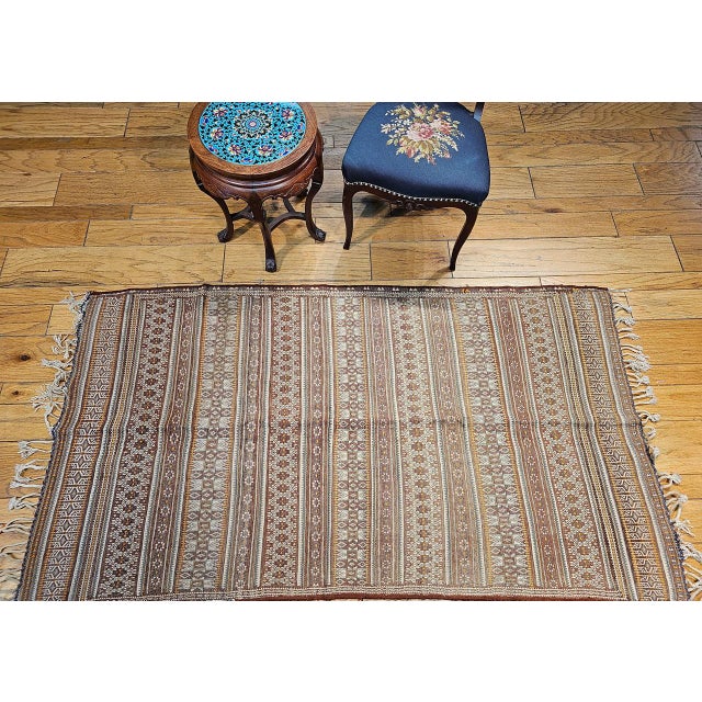 Brown Antique Uzbek Tribal Soumak Kilim, Handwoven Stripe Pattern, Brown & Gold, 4x7 For Sale - Image 8 of 16