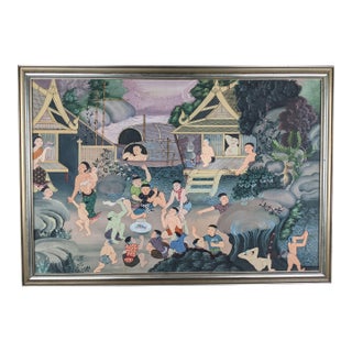 Late 20th Century Southeast Asian Folk Art Village & Riverside Narrative Painting on Canvas For Sale