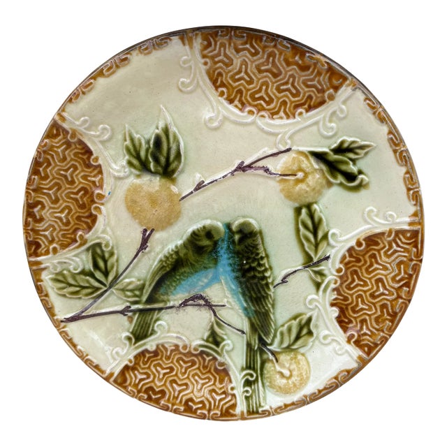 French Majolica Parakeets Plate Salins, Circa 1890 For Sale