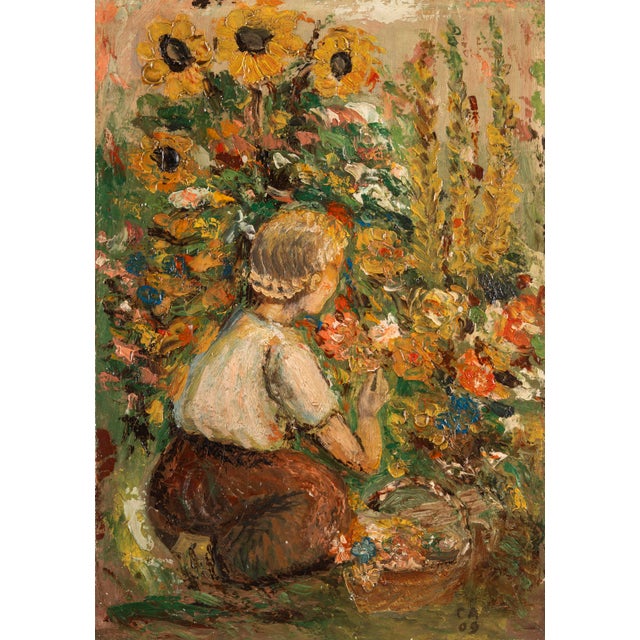 Unknown, Young Woman Among Sunflowers, 1909, Oil on Canvas For Sale - Image 14 of 14