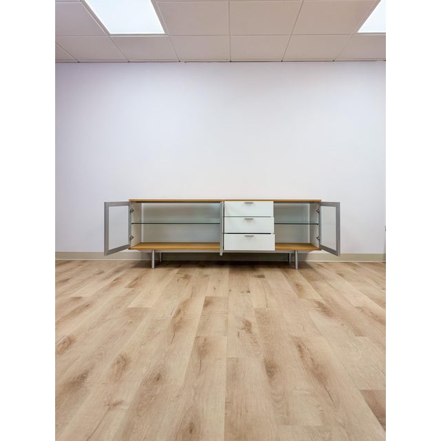 Modern MCM Wood Glass Metal Sideboard Credenza White Natural Frosted Glass For Sale In Tampa - Image 6 of 13