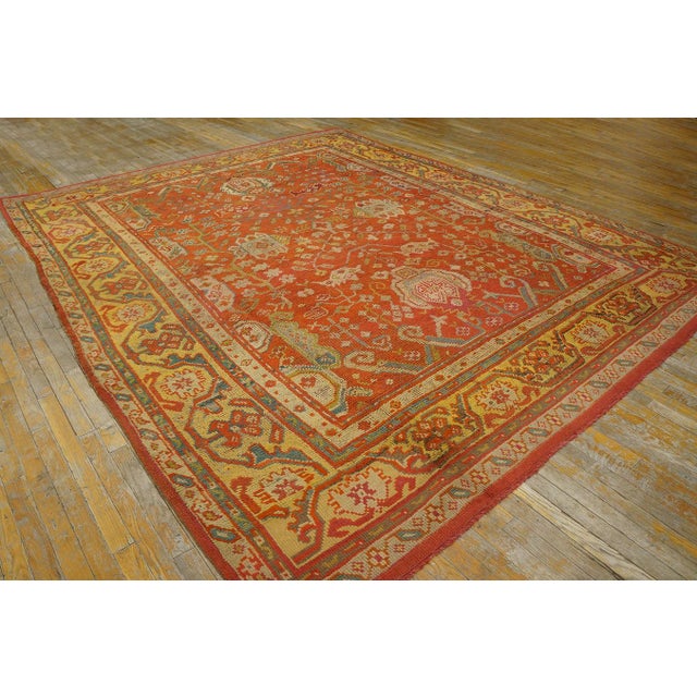 Impressive Coral Red With Palmettes Cross Pattern Antique Turkish Oushak Rug For Sale - Image 12 of 12