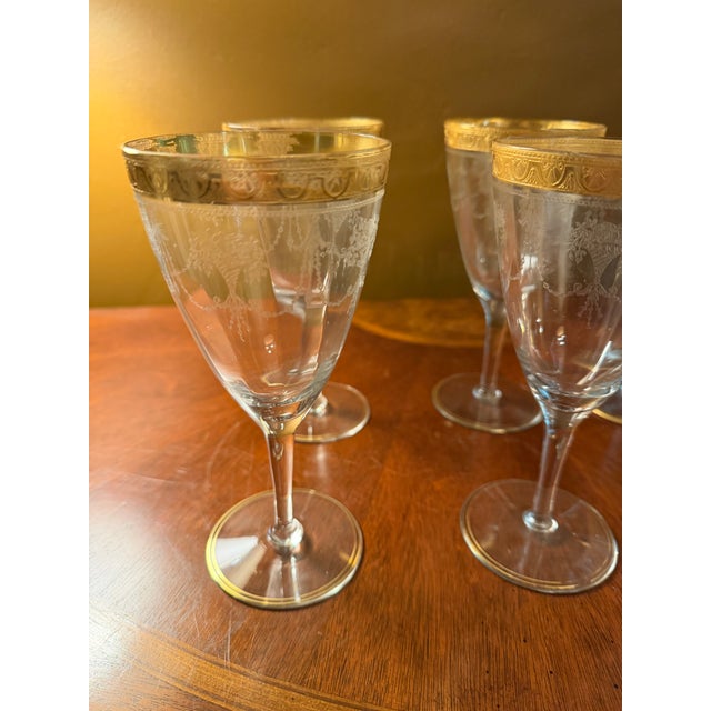 Mid-Century Modern Antique Cambridge Etch 701 - 7" Water Goblets - Etched W/Gold Bands - Set of 8 For Sale - Image 3 of 18