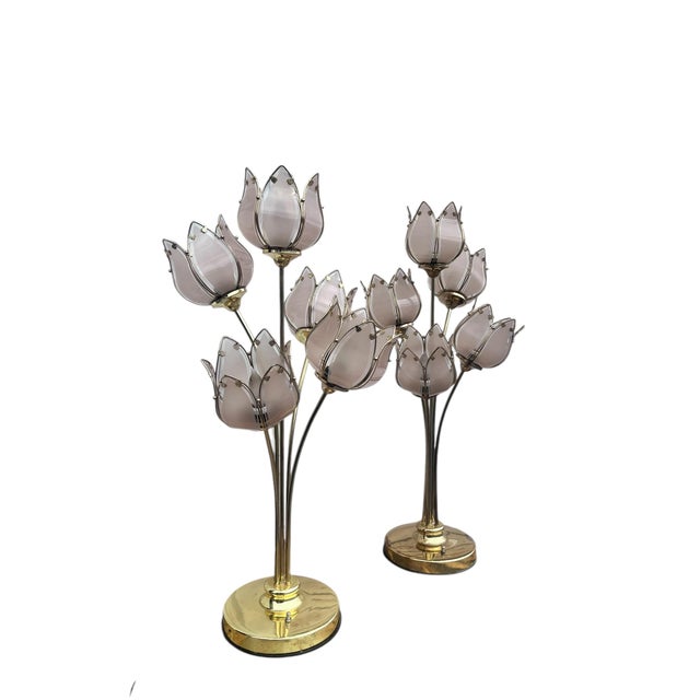 Pair of Italian Mid Century (1970’s) Table Lamps with Five Large Lotus Flower Shaped Lights.
