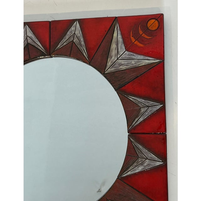 Red Ceramic mirror depicting a stylized sun attributed to Oswald Tiberghien For Sale - Image 8 of 12