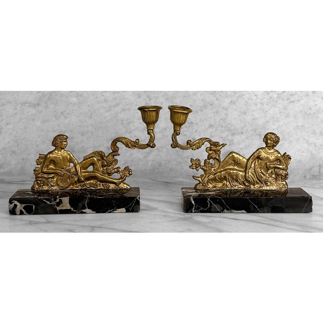 Vintage French Neoclassical Brass & Marble Figural Candlestick Holder - A Pair For Sale - Image 4 of 11