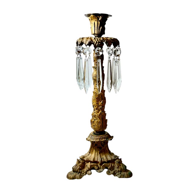 Late 19th Century 19th Century French Dore Bronze Candlesticks With Crystal Prisms - A Pair For Sale - Image 5 of 7