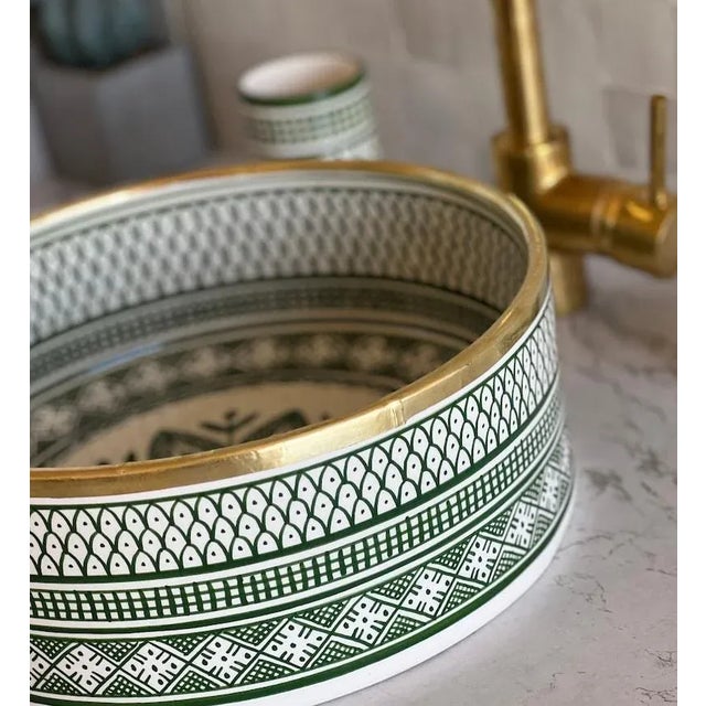 Ceramic Ceramic Countertop Handmade Sink for Bathroom With Brass Rim For Sale - Image 7 of 8