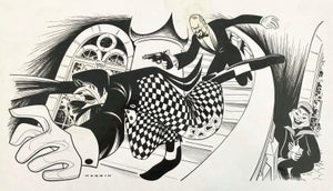 Sam Norkin, Man w Gun "Sleuth" Original Ink Drawing Theater Film Caricature Illustration Art, c.1970