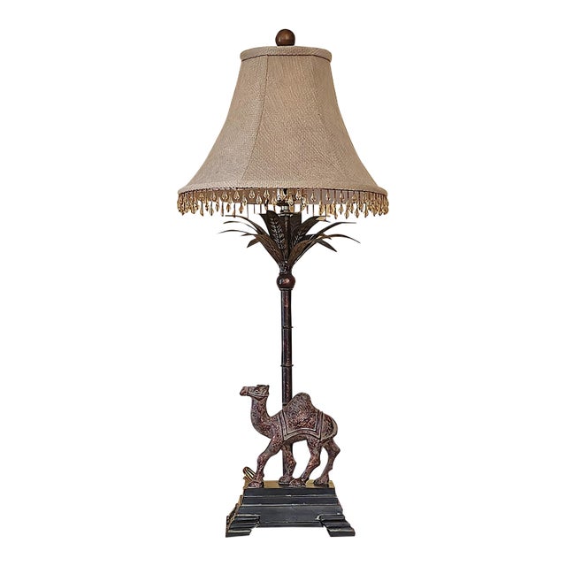 Berman Camel Table Lamp With Palm Motif Stem, Bronze-Tone Desert Safari Accent Lamp, 29"h For Sale
