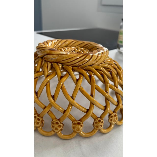 Ceramic Handmade Ochre Ceramic Openwork Fruit Basket from Pichon Uzès, France, 1960s For Sale - Image 7 of 13