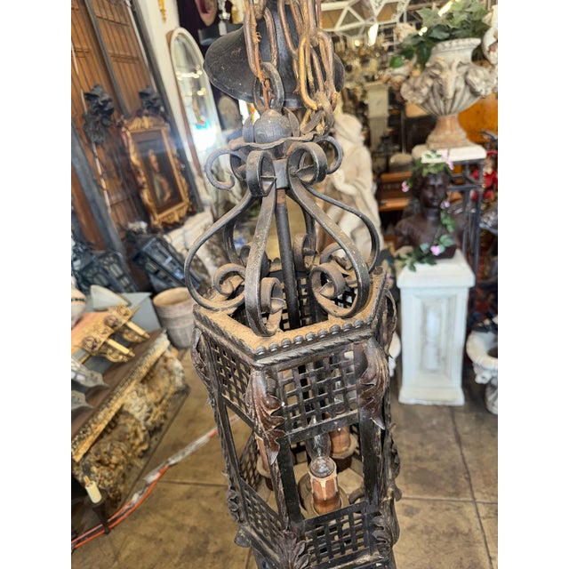 1920s 1920s Spanish Revival Wrought Iron Pendant Lantern For Sale - Image 5 of 11
