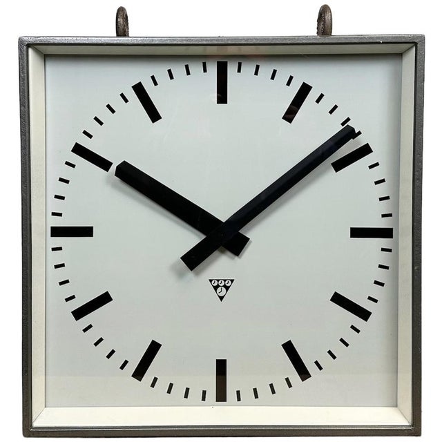 Large Industrial Square Double-Sided Factory Hanging Clock from Pragotron, 1970s For Sale - Image 15 of 15