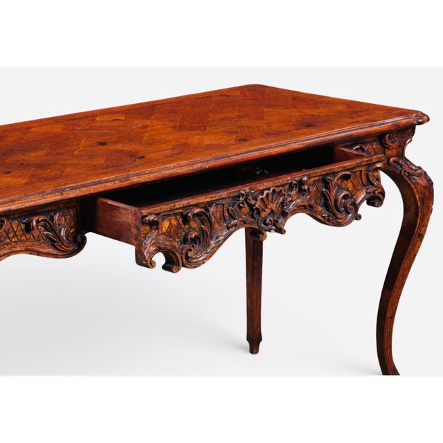 French Provincial 19th Century French Louis XV Carved Solid Oak Parquetry Bureau Plat Writing Desk For Sale - Image 3 of 8