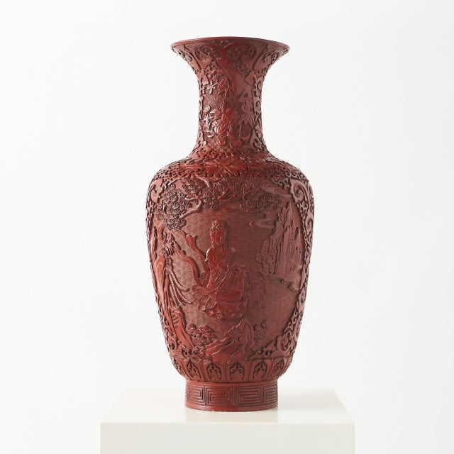 Chinese Carved Cinnabar Lacquer Vase For Sale - Image 3 of 9