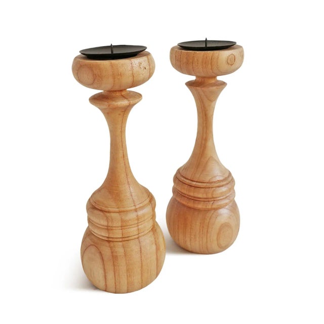 Transitional Set of 2 Wood Candle Stands For Sale - Image 3 of 5