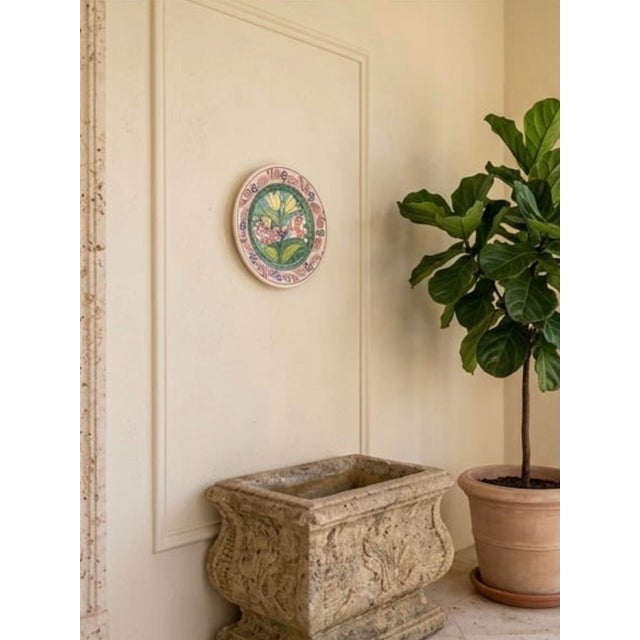 Vintage Hand-Painted Mediterranean Terracotta Ceramic Wall Plate – Bird & Tulip Motif For Sale - Image 10 of 12