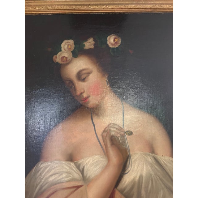 English Antique-Style Victorian Oil Portrait of Woman With Roses – J. A. Ford, Ornate Gilt Frame & Picture Light For Sale - Image 3 of 6
