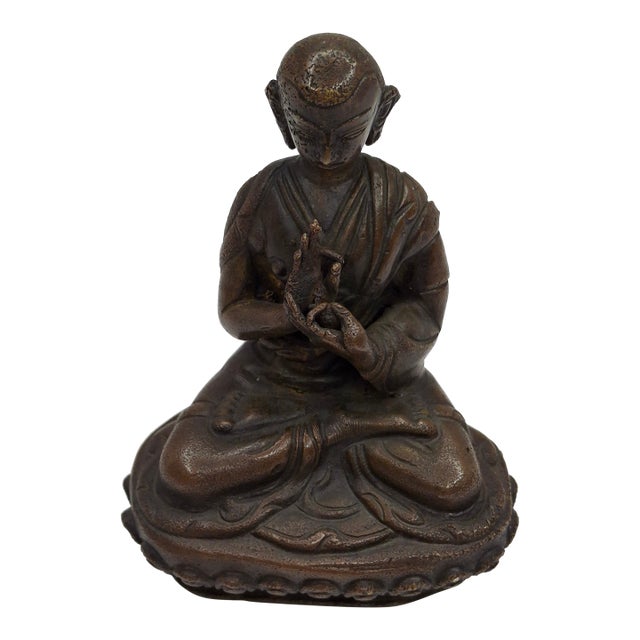 18thC Tibetan Bronze Lama Statue - Heavy 10oz Portrait Monk Dharmachakra Mudra For Sale