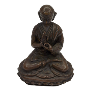 18thC Tibetan Bronze Lama Statue - Heavy 10oz Portrait Monk Dharmachakra Mudra