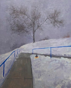 Winter Storm by Riley Doyle | Oil on panel Winter scene with a tree and snowy pathway.