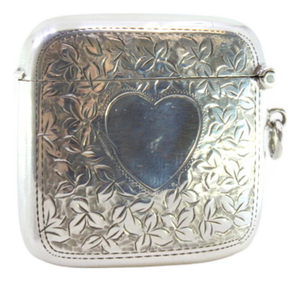 Silver Matchbox with Engraved Plant Motifs and Heart-Shaped Monogramming Card