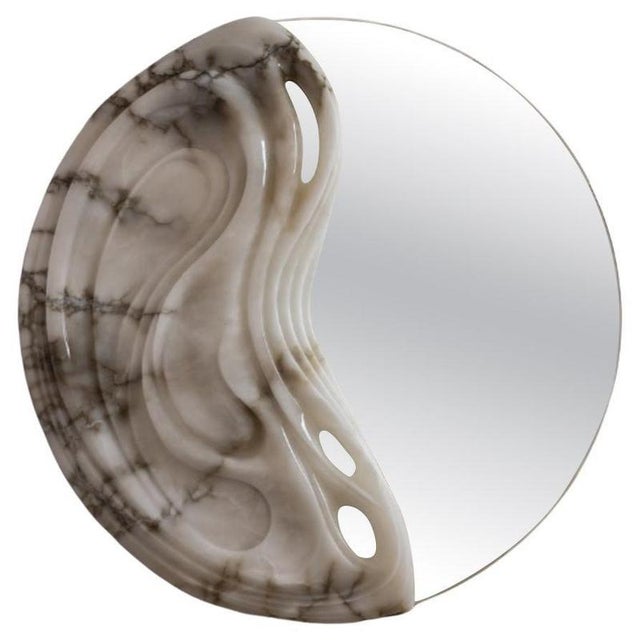 Gray Fossil Moon Wall Mirror X in Alabaster & Glass Mirror by Amarist Studio For Sale - Image 8 of 8