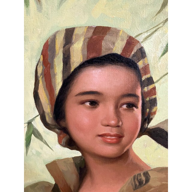 A lovely oil painting of a young woman in the Philippine countryside. She is wearing traditional dress. The painting is...