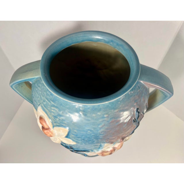 Art Deco 1940s Vintage Roseville Pottery Blue Magnolia Vase Two-Handled Large 18.5"h For Sale - Image 3 of 9