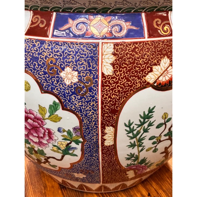 Vintage Painted & Glazed Large Scale Chinese Porcelain Fish Bowl W/ Peony Flowers & Butterflies For Sale - Image 9 of 11