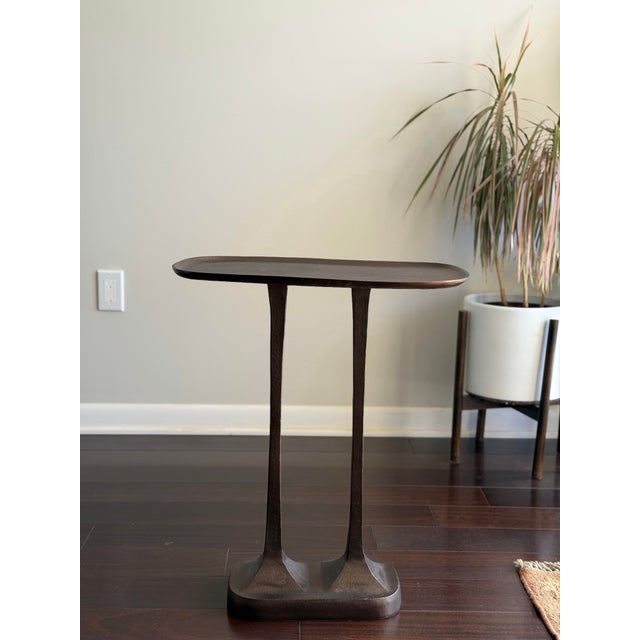 Contemporary Made Goods Brenna Side Table - Antiqued Bronze Cast Metal Accent Table With Sculptural Double Stem Base For Sale - Image 3 of 11