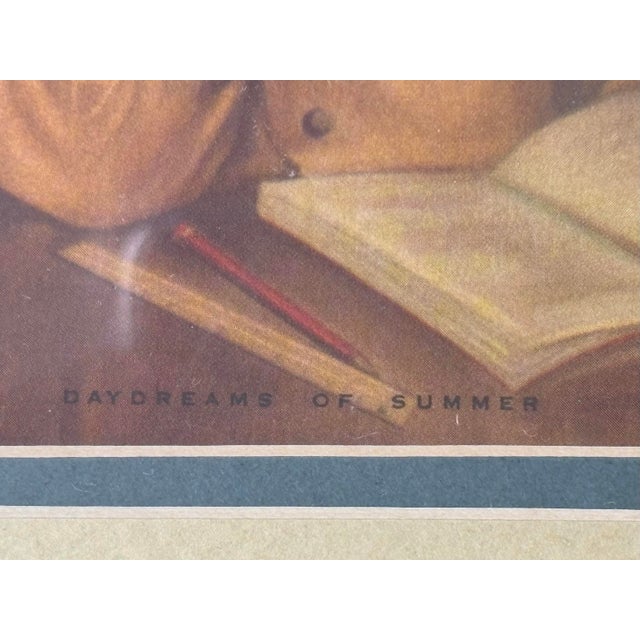 Mid 20th Century Vintage “Daydreams of Summer” Framed Lithograph – Mid-Century Child Portrait in Teal & Gilt Frame For Sale - Image 5 of 7