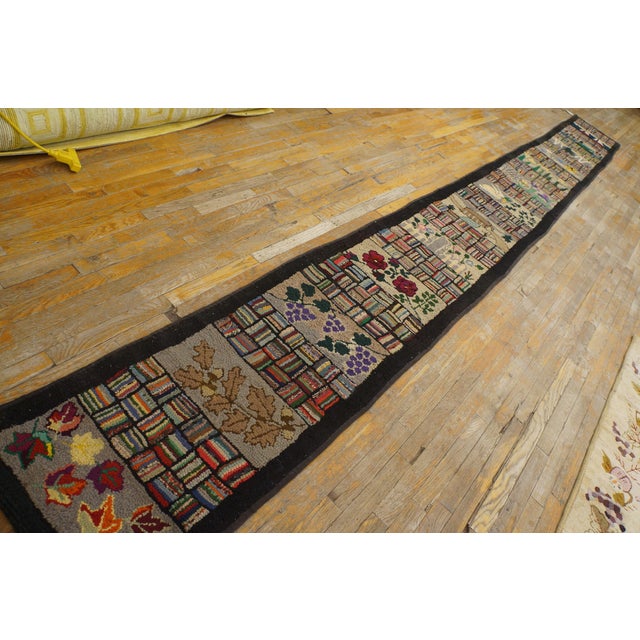 American 1930s Multicolor Scene Pictorial Folk Art American Hooked Rug Runner 2' X 19' Handknotted Wool Carpet For Sale - Image 3 of 14