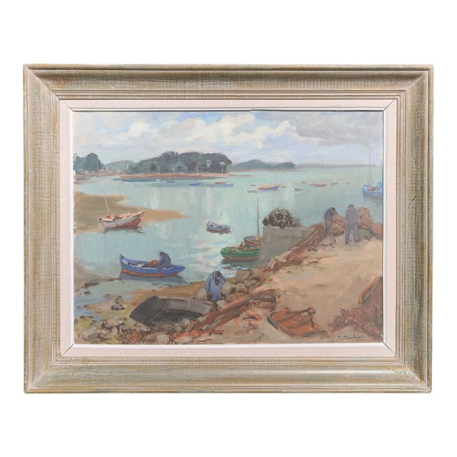 Framed Coastal Acrylic Painting With Boats, Late 20th Century For Sale