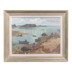 Framed Coastal Acrylic Painting With Boats, Late 20th Century
