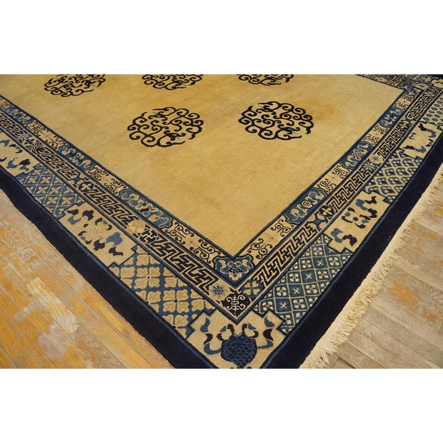1880s Tan Camel Dragon Medallion Antique Chinese Peking Qing Knotted Wool Rug For Sale - Image 4 of 9