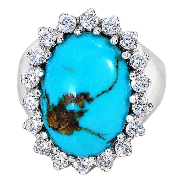 Late 20th Century 18K White Gold Handmade Turquoise & Diamond Cocktail Ring, Size 7.25 For Sale