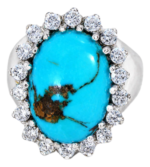 Late 20th Century 18K White Gold Handmade Turquoise & Diamond Cocktail Ring, Size 7.25