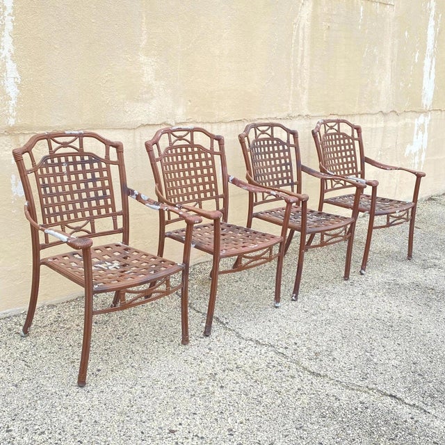 Late 20th Century Cast Aluminum Basket Weave Lattice Rattan Patio Outdoor Arm Chairs - Set of 4 For Sale - Image 10 of 10
