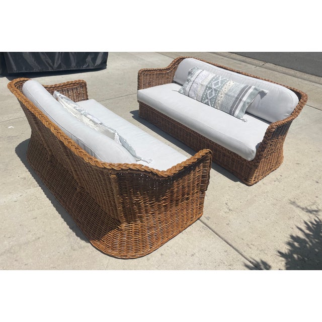 Brown Vintage Braided Wicker Sofas, Michael Taylor Style With New Perennials Upholstery For Sale - Image 8 of 14
