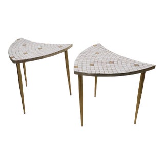Pr. Mid Century Chevron Guitar Form Mosaic Tile Top Side Tables With Tapered Pole Legs For Sale