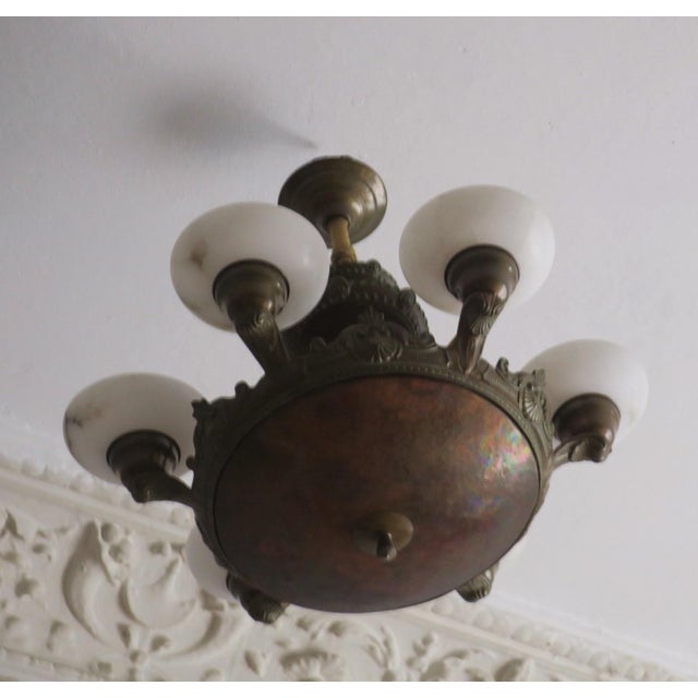 Metal Antique Bronze and Alabaster Chandelier with Verdigris Patina, 1910 For Sale - Image 7 of 12