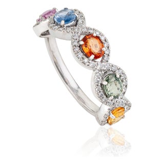 1.62 Ct Multi Sapphire & Diamond Colorful Rainbow Wedding Band Size 5.5 in 14k Gold For Sale