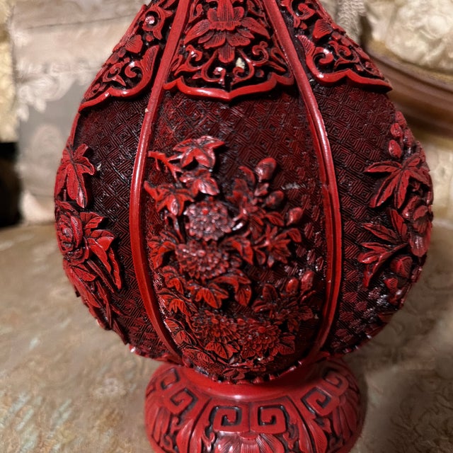 Early 20th Century 12” Chinese Red Carved Lacquer-Style Vase – Floral & Pomegranate Design For Sale - Image 10 of 11