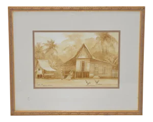 Vintage "Malaysia" Brown Wash Watercolor C.1980s
