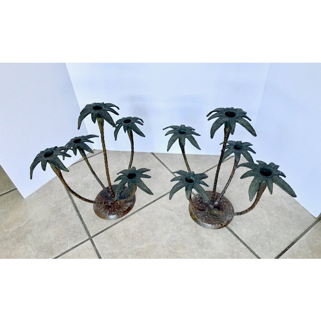 Pair Patinated Tole Metal Palm Tree 5 Arm Candlestick Holders For Sale - Image 15 of 15