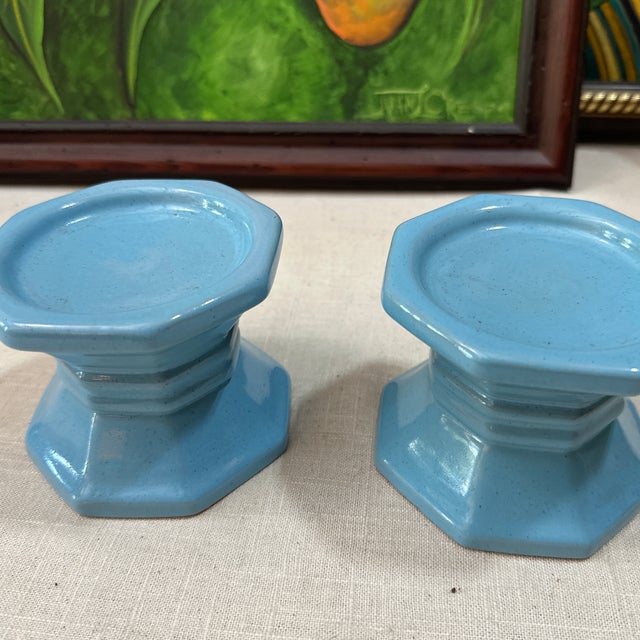 Mid-Century Modern Pair of 1970s Blue Ceramic Candle Holders For Sale - Image 3 of 7